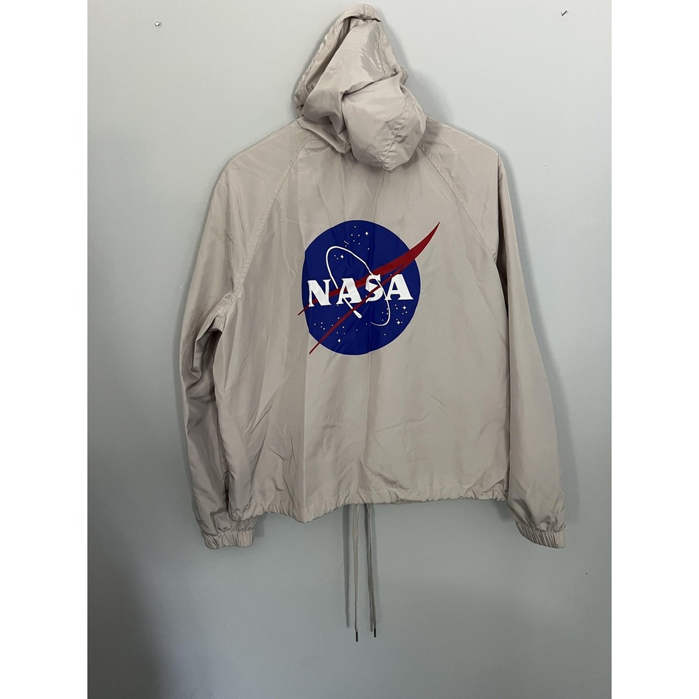 NASA Jacket Womens M Beige Hooded Windbreaker Snap Button Logo H&M Divided EUC - Picture 3 of 11